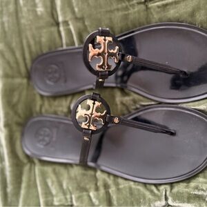 Tory Burch Black and Gold Thong Sandals
